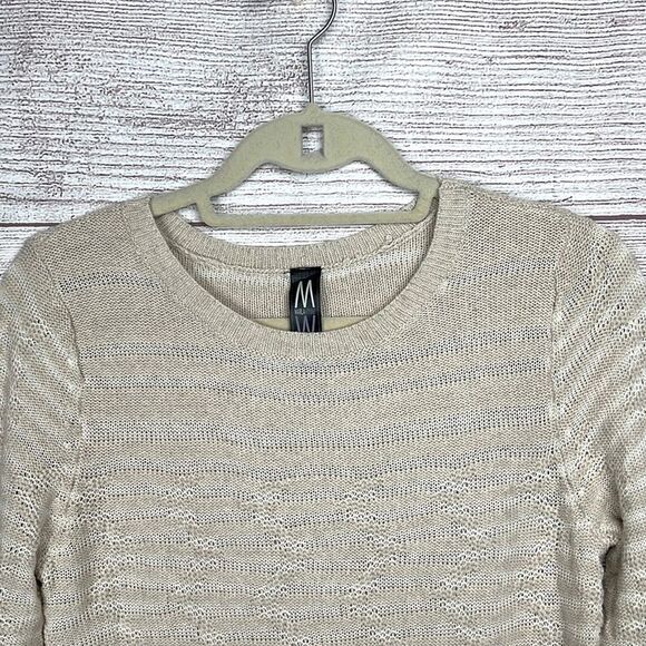 MARLAWYNNE Cotton Linen Blend Crew Neck Beige Sweater Top Asymmetrical Hem - Picture 3 of 8